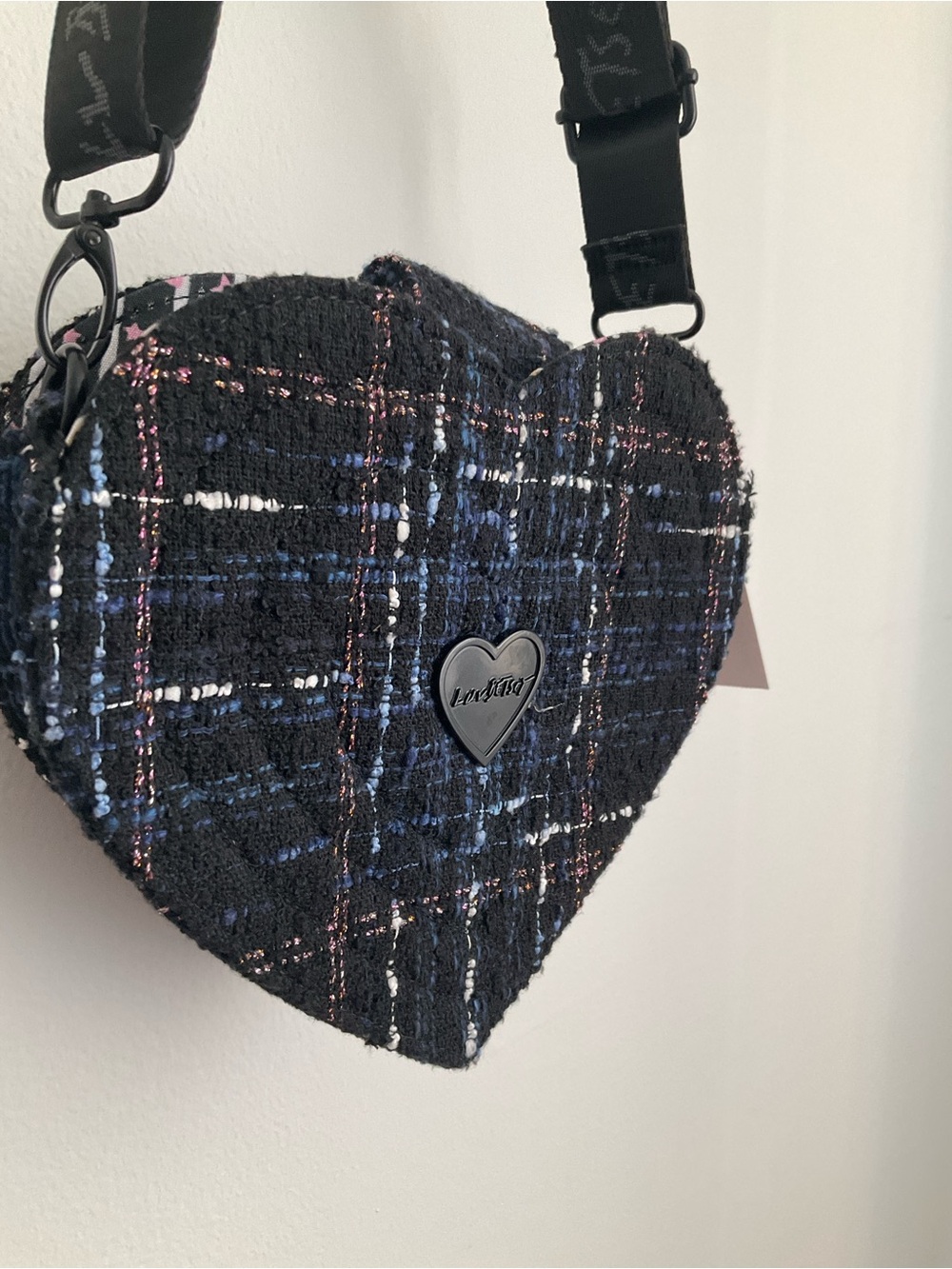 Betsey Johnson Black Tweed Heart Crossbody with Blue & Pink Accents
